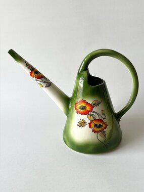 Vintage Arnels Pottery Green Poppy Floral Ceramic Watering Can